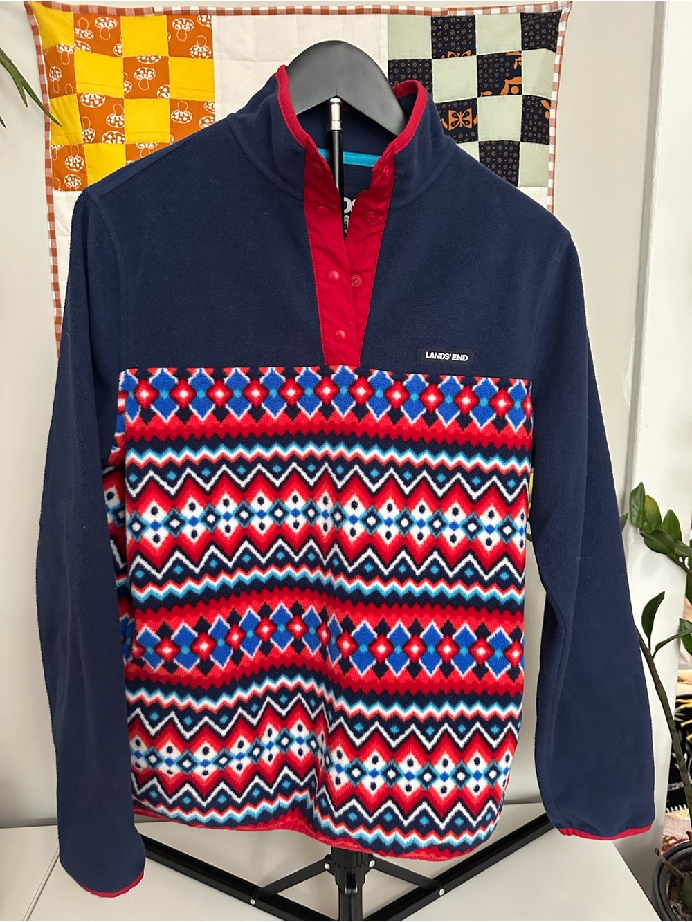 Lands' End Navy and Red Patterned Fleece Button Pullover